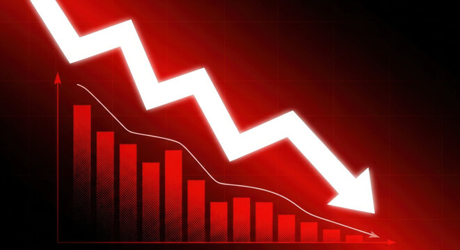 Financial Crisis and Stock Market Crash, Chart with Arrow Downwards, Recession and Economic Downturn, Risk and Loss, Negative Trend on Red Background