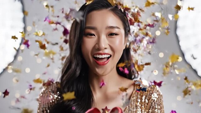 Happy young Asian woman smiling while holding red gift box. Joyful female celebrating with falling confetti. Holiday birthday surprise and party concept