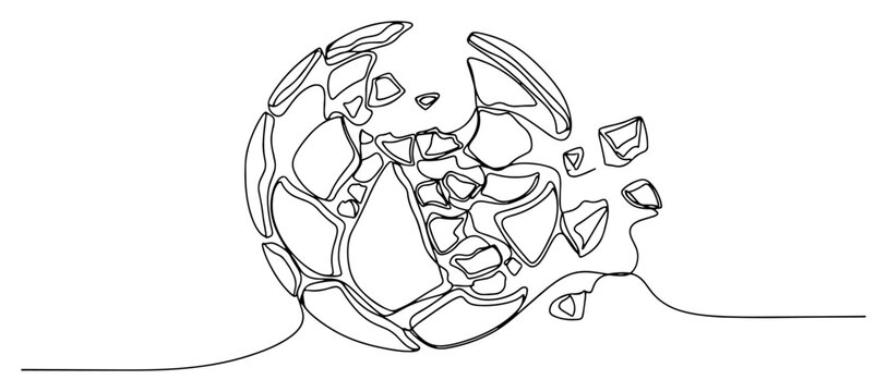 Shattered sphere breaking into flying pieces continuous line drawing minimalist style