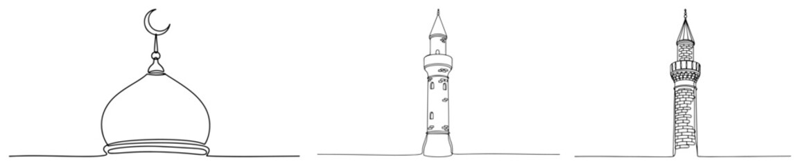 Mosque dome with crescent moon and minarets in continuous line drawing style © Aurora
