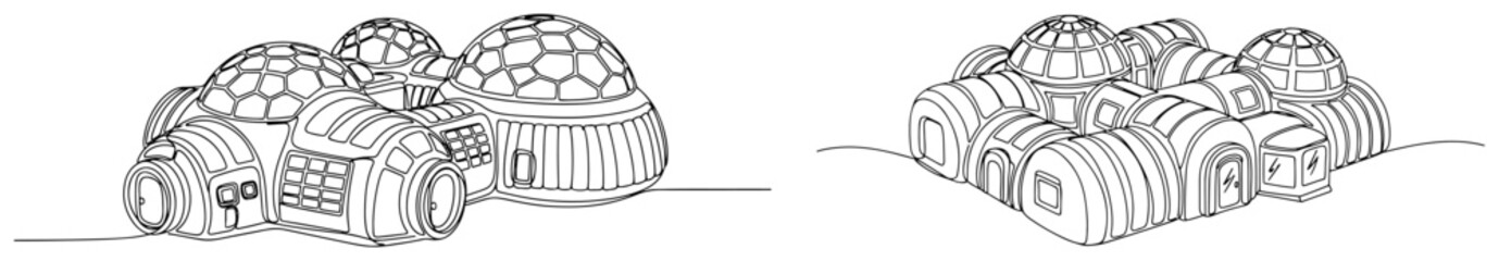 Space colony habitat base with modular domes continuous line drawing minimalist style © Aurora