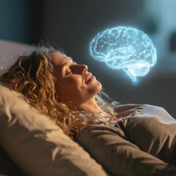 a sleeping woman and a brain hologram above her