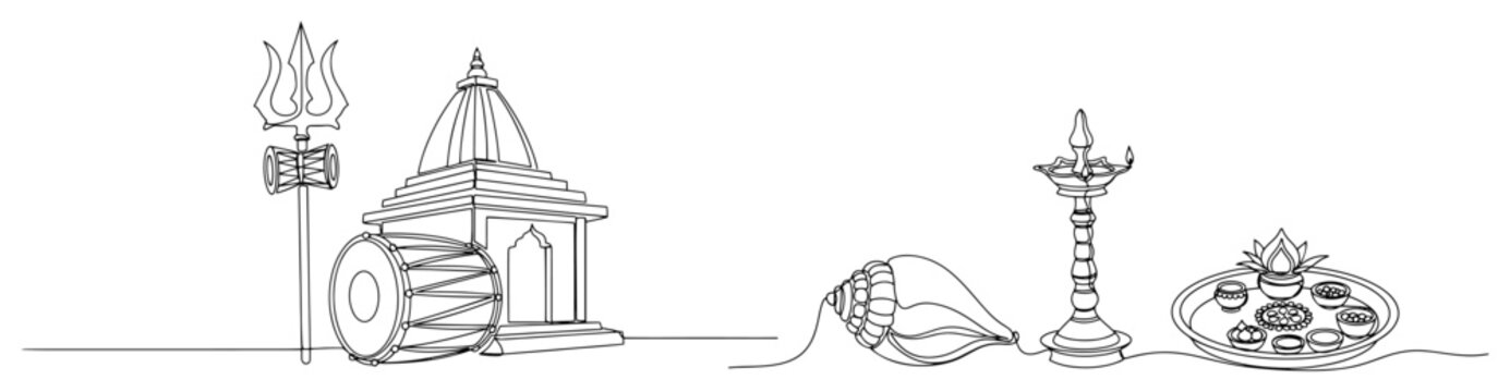 Hindu religious symbols including trishula temple and puja items in minimalist line art style