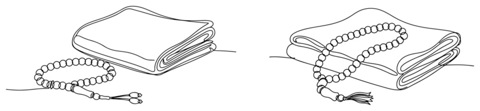 Prayer beads and folded shawl for spiritual meditation in minimalist line art style