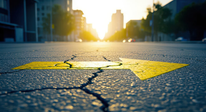 Cracked asphalt road with yellow arrow