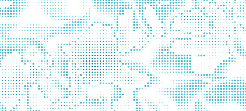 Dotted comic cloud background. White halftone clouds in blue sky. Pop art heaven wallpaper for banner, brochure, collage, poster, leaflet. Pixelated smoke, smog or fog texture. Vector illustration