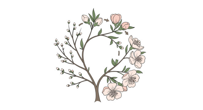 Circular life cycle diagram shows the transformation of flower buds into beautiful pink blossoms through various phases.