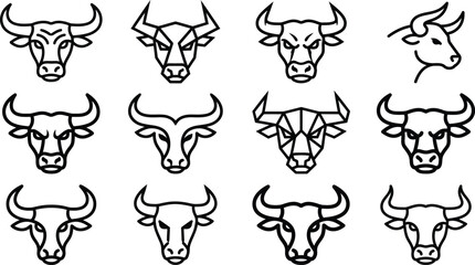 Fototapeta premium Bull head line art collection diverse styles for branding design