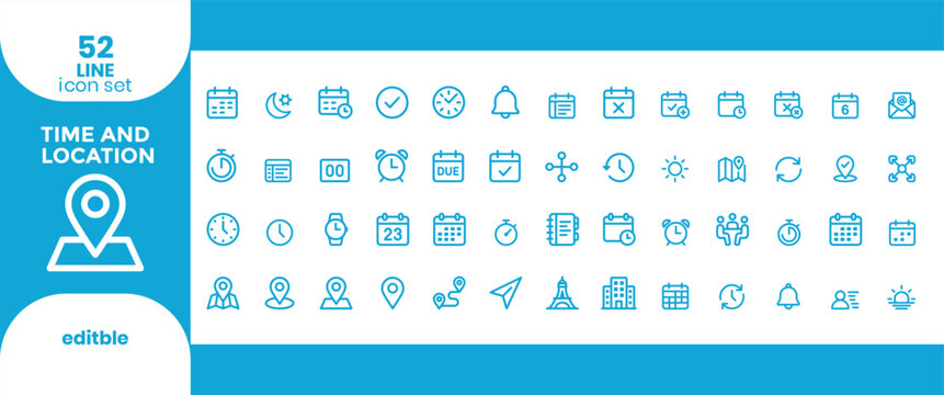 Time and location icon set 52 line icons for digital interfaces