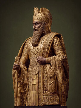 Golden statue of a Sumerian god king warrior holding scepter