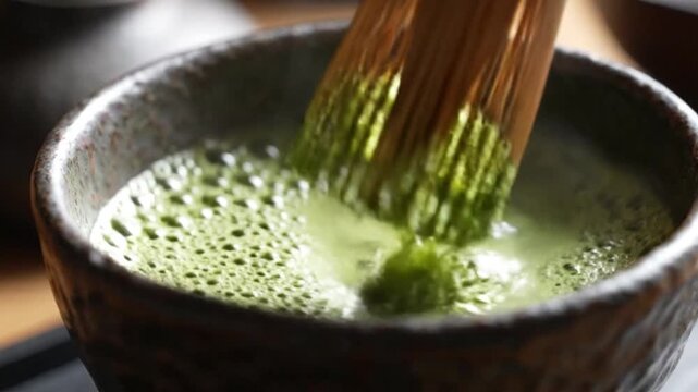 Cinematic macro video of a bamboo whisk mixing green matcha powder in a dark ceramic bowl, creating fresh foam with soft rising steam.