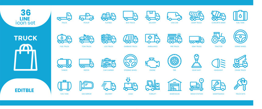 Truck line icon set editable vector graphics for logistics and transportation