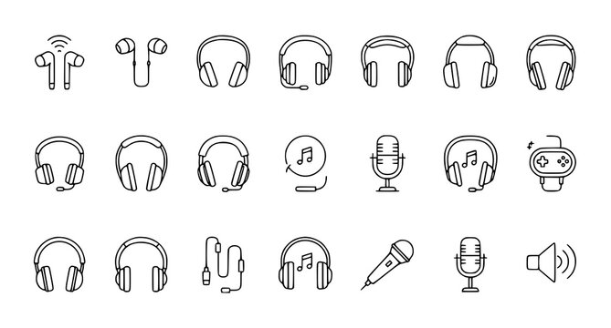 Minimal headphones and earphones vector icon collection for apps banners cards and posts isolated on white background