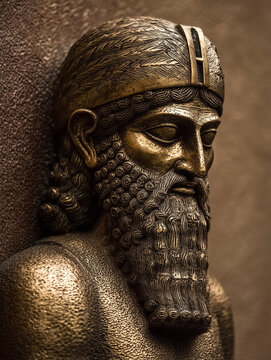 Bronze statue of Sumerian god king with braided beard and headdress