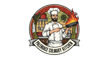 Chef character holding a flaming frying pan in a circular logo design.