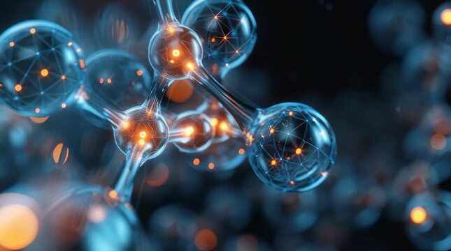 Abstract molecular structure with glowing particles and bokeh effect.