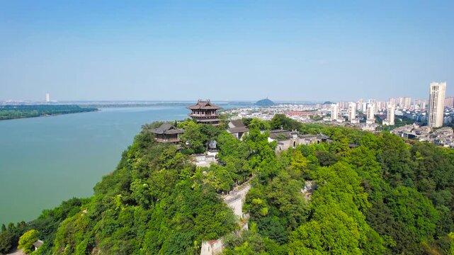 Yuejiang Tower Overlooking Yangtze River and Nanjing Skyline in Yuejiang Tower, Nanjing, China