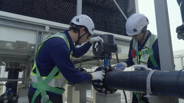 Engineer maintenance hvac cooling tower technician inspection repair valve pipe teamwork tightening flange bolts on rooftop system with pipe wrench safety helmet vest for efficient flow