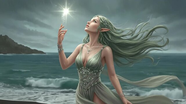 Fantasy elf woman with long green hair holding glowing star on dark beach. Mystical female character in flowing gown by ocean. Digital illustration of magical scene