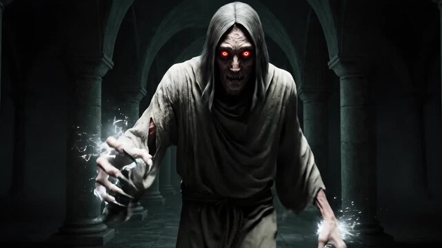 Scary undead monster walking through dark dungeon corridor. Evil fantasy creature with glowing hands and magic power. Horror character concept art