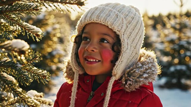 Portrait of happy child with rosy cheeks in snowy Christmas tree farm. Smiling girl in red winter jacket and warm knitted hat enjoys golden hour sunlight