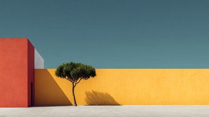 Fototapeta premium Minimalist architectural photography with vibrant color-block walls. A lone green tree stands against an orange wall and a blue turquoise sky background