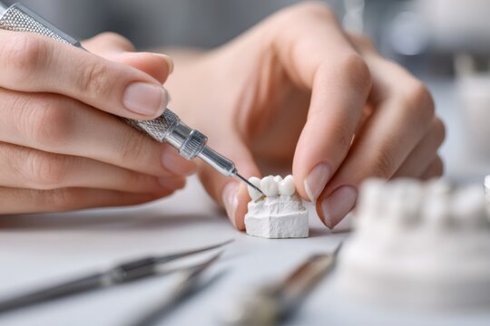 Dental technician working on a ceramic crown in a laboratory. Dentist hands making a prosthetic tooth bridge on a plaster model. Stomatology and healthcare concept