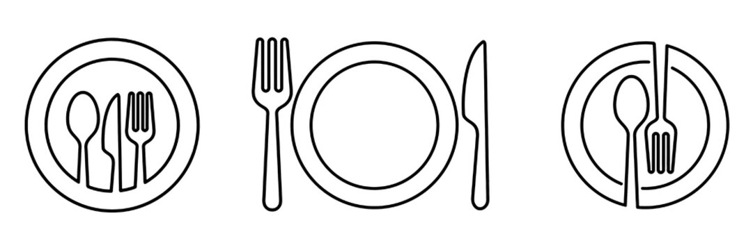 Spoon Fork Knife and Plate Line Icon Set, Editable Stroke Tableware and Restaurant Menu Vector Illustration Collection with Transparent Background