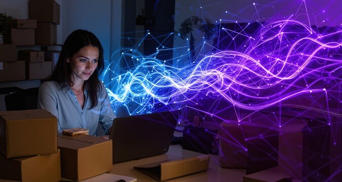 Woman using laptop in home office with boxes. Dynamic network of light trails in azure and deep purple, forming a complex technological web.
