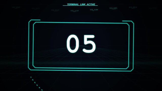 Digital Countdown Timer with Futuristic HUD Interface and Data Grid