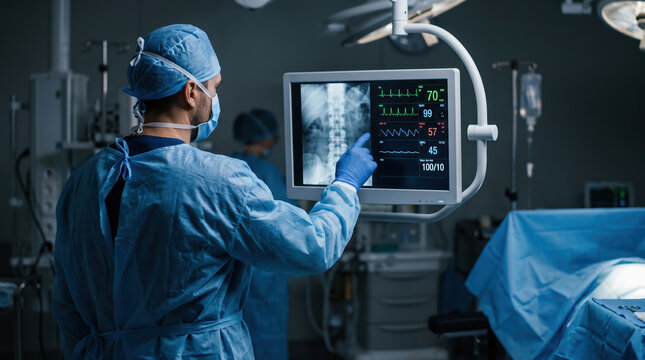 A surgeon in blue scrubs checks vital signs on a monitor in an operating room. The team is focused on the patient. Surgical tools and equipment are present in the space