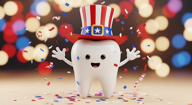 President's day dental health celebration cartoon tooth with patriotic uncle sam hat