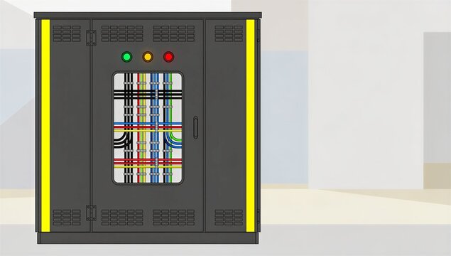 Detailed illustration large industrial switchgear cabinet with illuminated control indicators