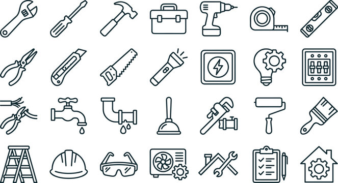 Construction and repair tools line icons set with wrench drill hammer plumbing electrical and safety equipment