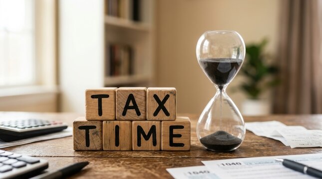 Wooden blocks spelling tax time with an hourglass on a desk