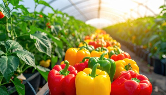 A vibrant display of fresh red, yellow, and green bell peppers growing abundantly in neat rows inside a sunlit greenhouse, showcasing healthy produce ready for harvest.