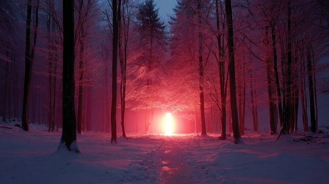 Ethereal red glow lights a dark, snowy winter forest path, creating a mysterious and enchanting nighttime scene.