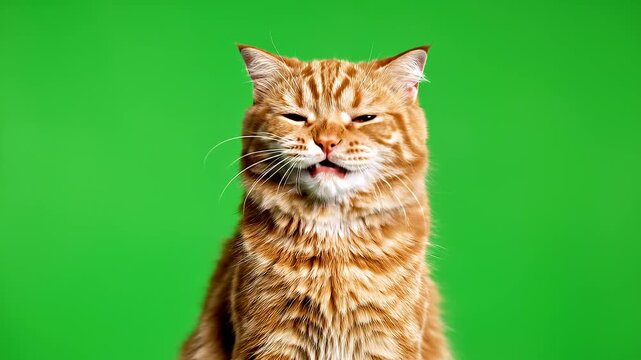 A cat laughing on green screen background