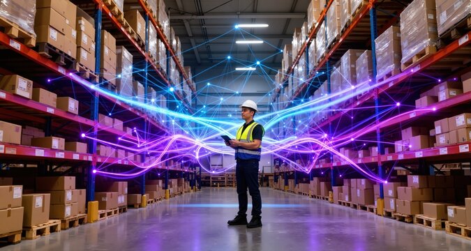 Hand placing a cardboard box on a conveyor belt in a warehouse setting with shelves in the background. Dynamic network of light trails in azure and deep purple, forming a complex technological web.
