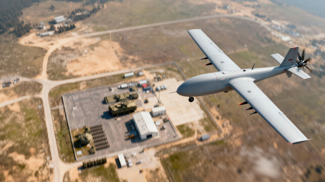 A military drone gracefully soars above a military base, conducting daytime operations amidst a vast open landscape