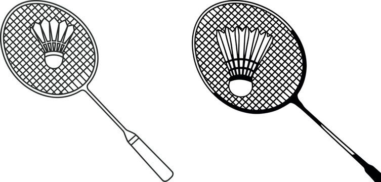 Two black and white vector illustrations of badminton rackets and shuttlecocks with line art badminton shuttlecock competition recreation
