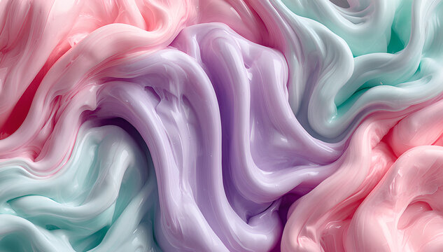 Macro 3D abstract background with puffy squishy overlapping waves of pastel pink and mint green silicone