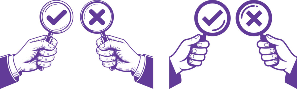 Two hands holding signs one with a checkmark and one with an x symbolizing correct and incorrect choices white background two options checkmark