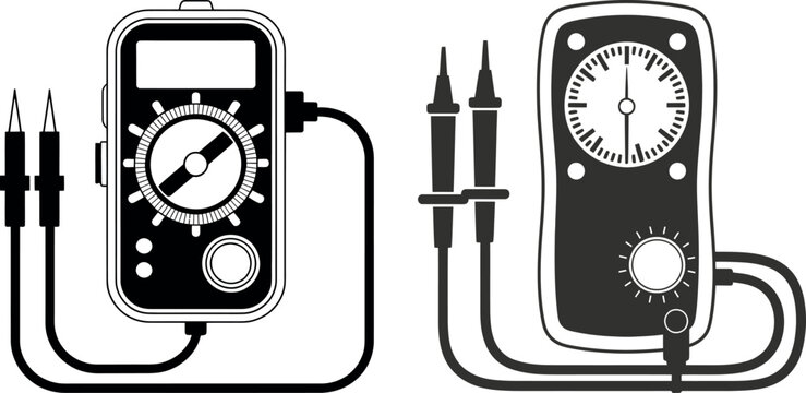 Vector illustrations of two multimeters with probes one analog and one digital white background multimeter electrical resistance instrument