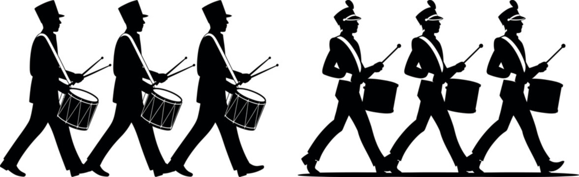 Silhouettes of a marching band drumline with drummers in uniform playing drums and sticks white background drumline drummers silhouette marching