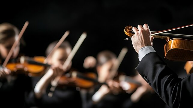 Elegant Symphony Orchestra Performance Captured in a Grand Concert Hall with Talented Musicians