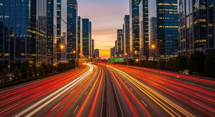 Fototapeta premium Long exposure of evening traffic on a multi-lane highway surrounded by towering glass skyscrapers during the golden hour of twilight time, twilight, street, metropolis