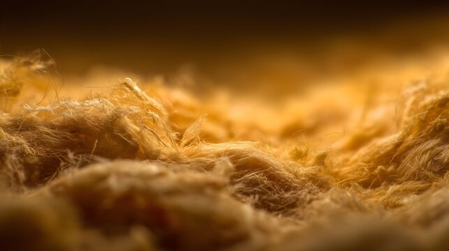 Cinematic macro photography of mineral wool fibers showing detailed insulation material texture