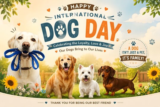 International Dog Day celebration with golden retriever westie dachshund and happy canine companions
