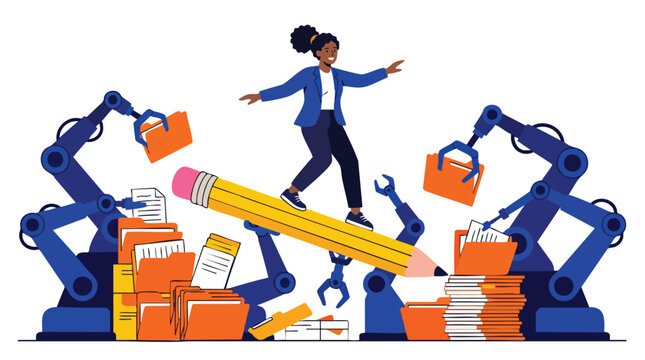 Confident female creative lead streamlining workflow and content management using advanced AI automation and robotic process optimization